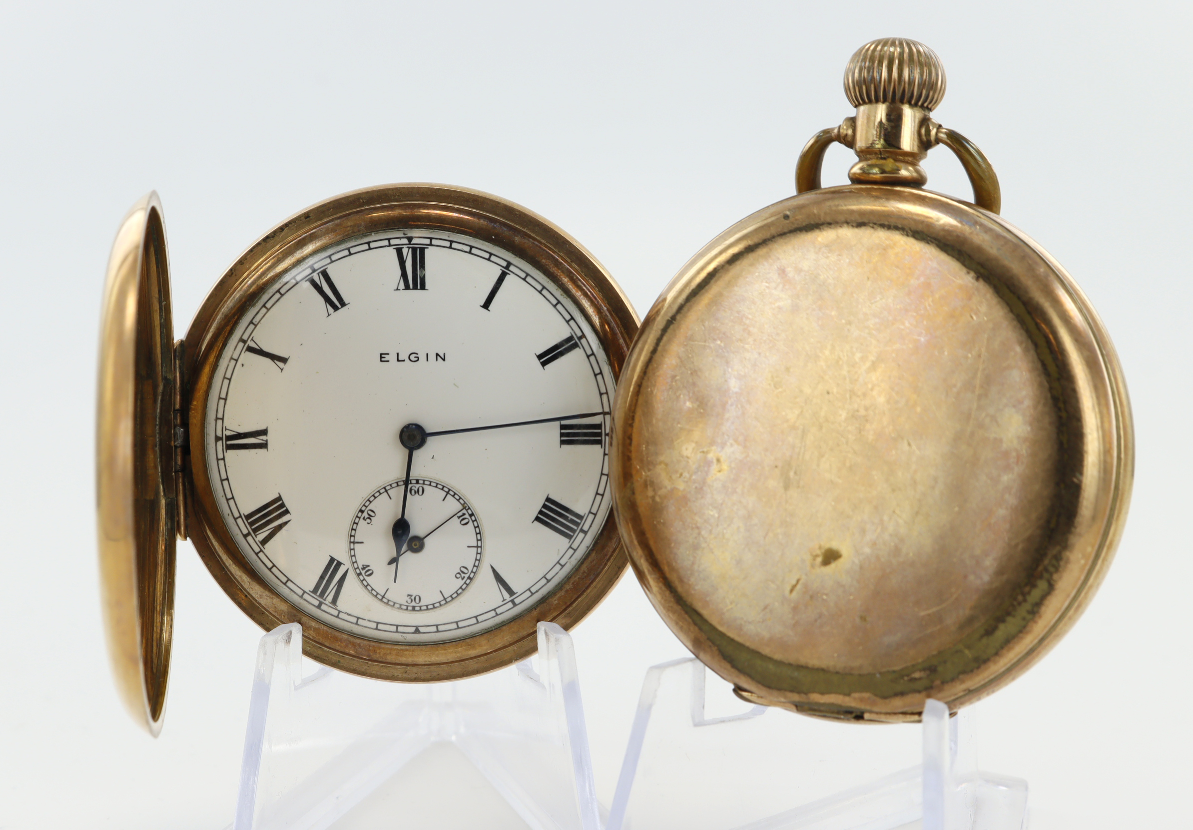 Two gents gold plated full hunter stem-wind pocketwatches, one by Waltham, the other Elgin. Both