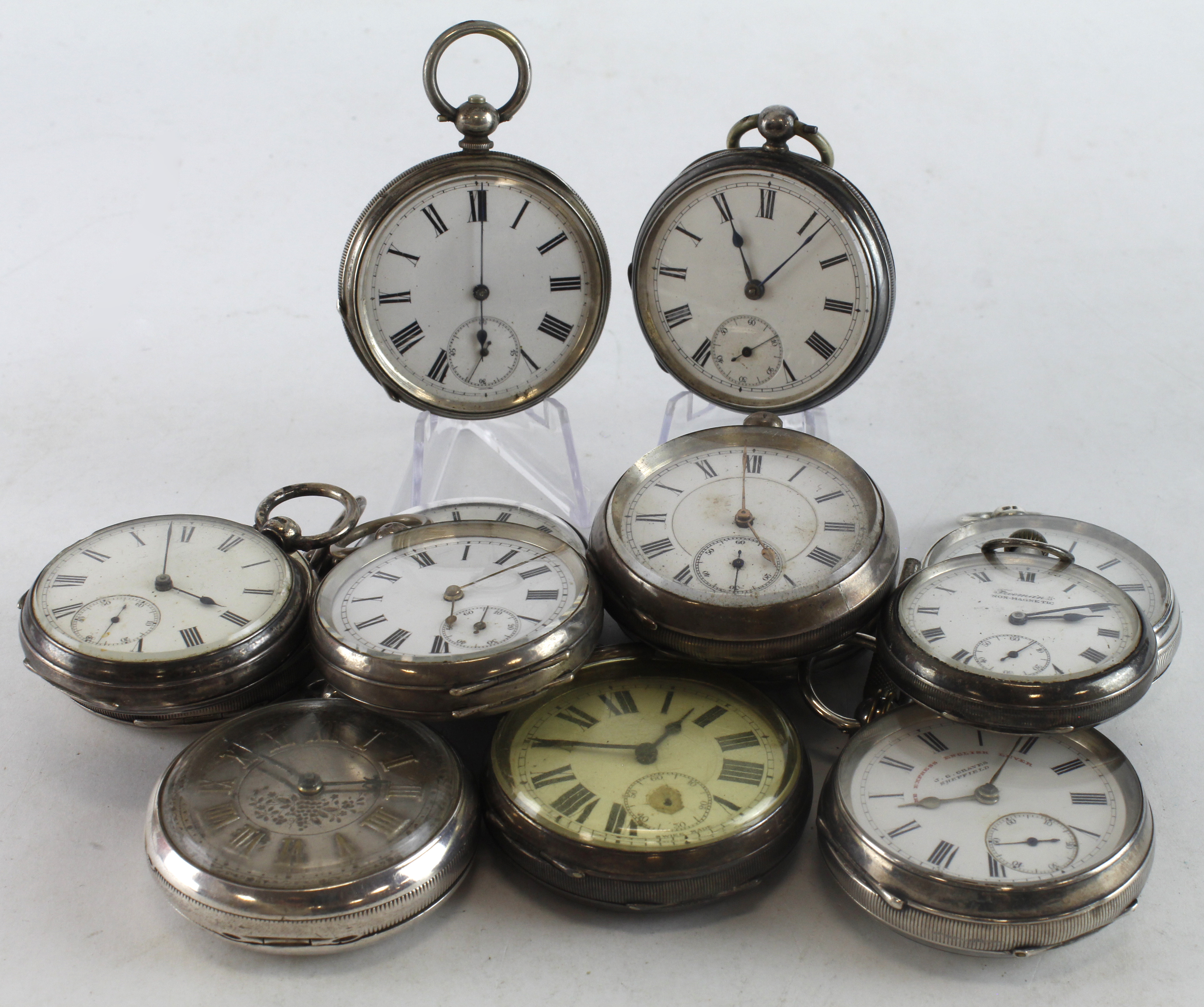 Assortment of thirteen gents silver cased open face pocketwatches. Case sizes approx 45-53mm. AF