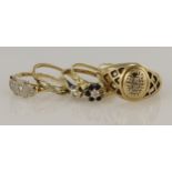 Five 9ct gold rings, stones include diamond and sapphire, finger sizes L/Mx2, N/O, P/Q, S, all