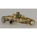 Five 9ct gold/tests 9ct dress rings, stones include diamond, champagne diamond, sapphire, opal,