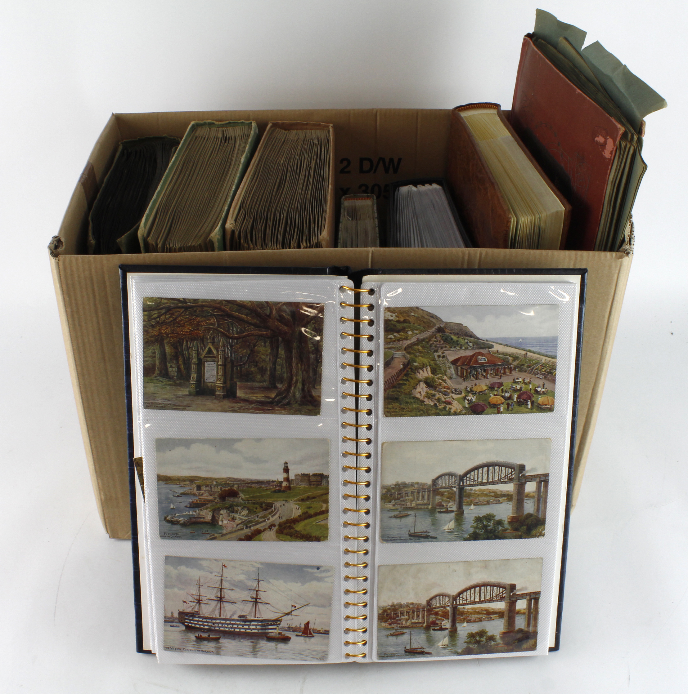 Large box full of various postcard collection in old and modern binders, lots of old postcards, some