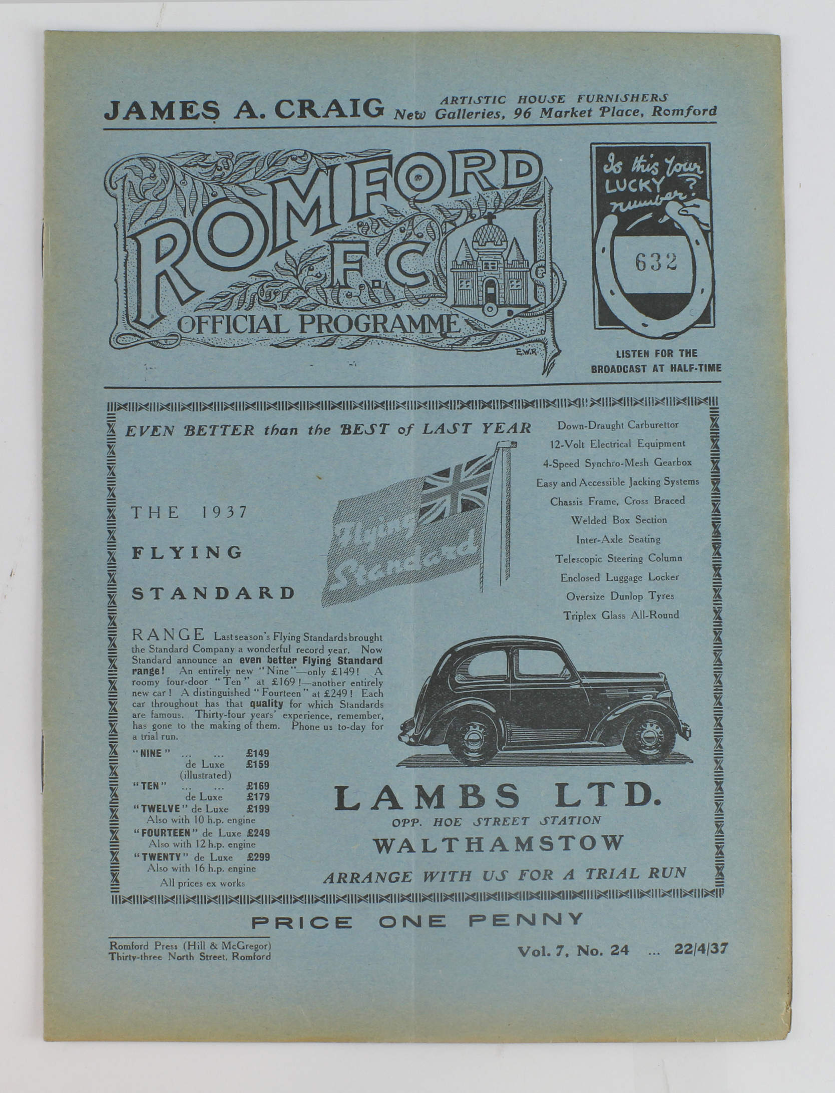 Football programme - Romford FC v Walthamstow Avenue 22nd April 1937 Athenian League 1st Divn