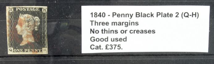 GB - 1840 Penny Black Plate 2 (Q-H) three margins, no thins or creases, good used, cat £375