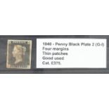 GB - 1840 Penny Balck Plate 2 (G-I) four margins, thin patches, good used, cat £375