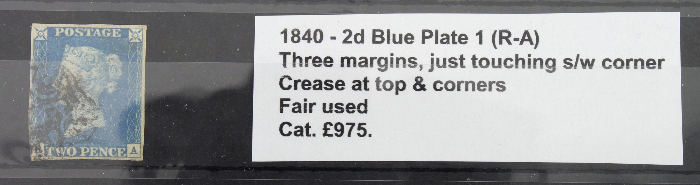 GB - 1840 Two Pence Blue Plate 1 (R-A) three margins, just touching s/w corner, crease at top &