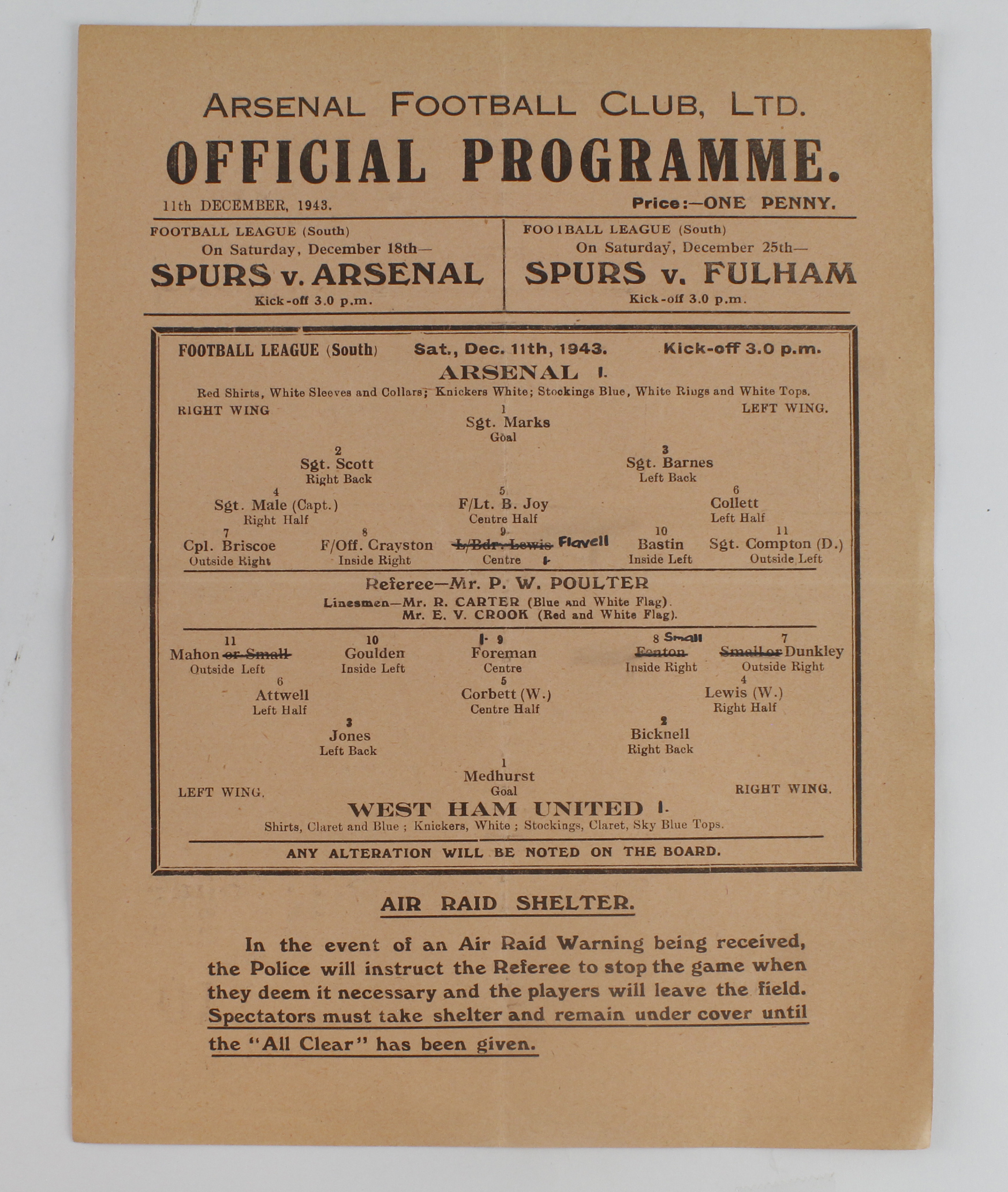 Football programme Arsenal v West Ham United 11th Dec 1943 F/L South single sheet