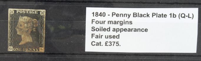 GB - 1840 Penny Black Plate 1b (Q-L) four margins, soiled appearance, fair used, cat £375