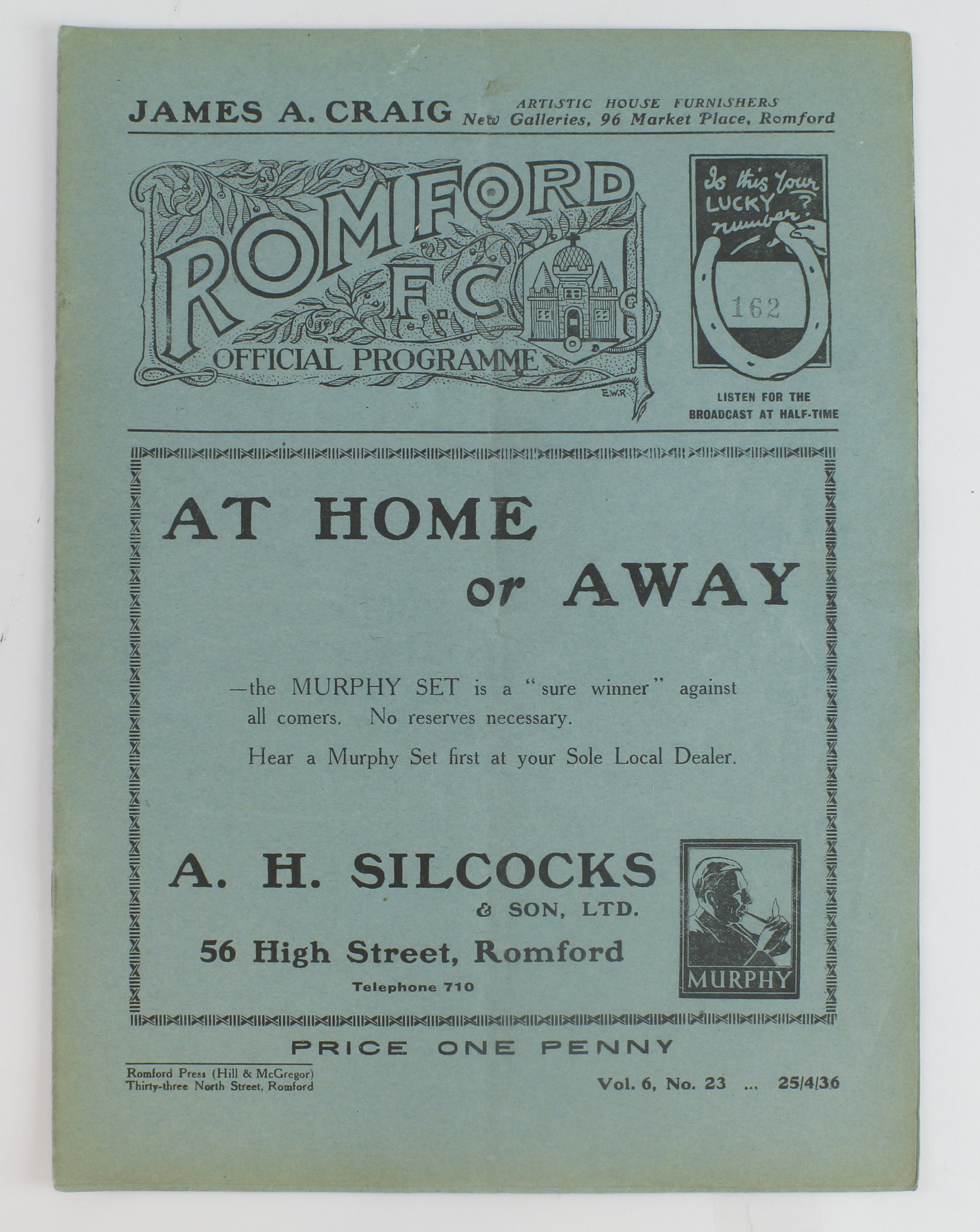 Football programme - Romford FC v Redhill 25th April 1936 Athenian League Div 1