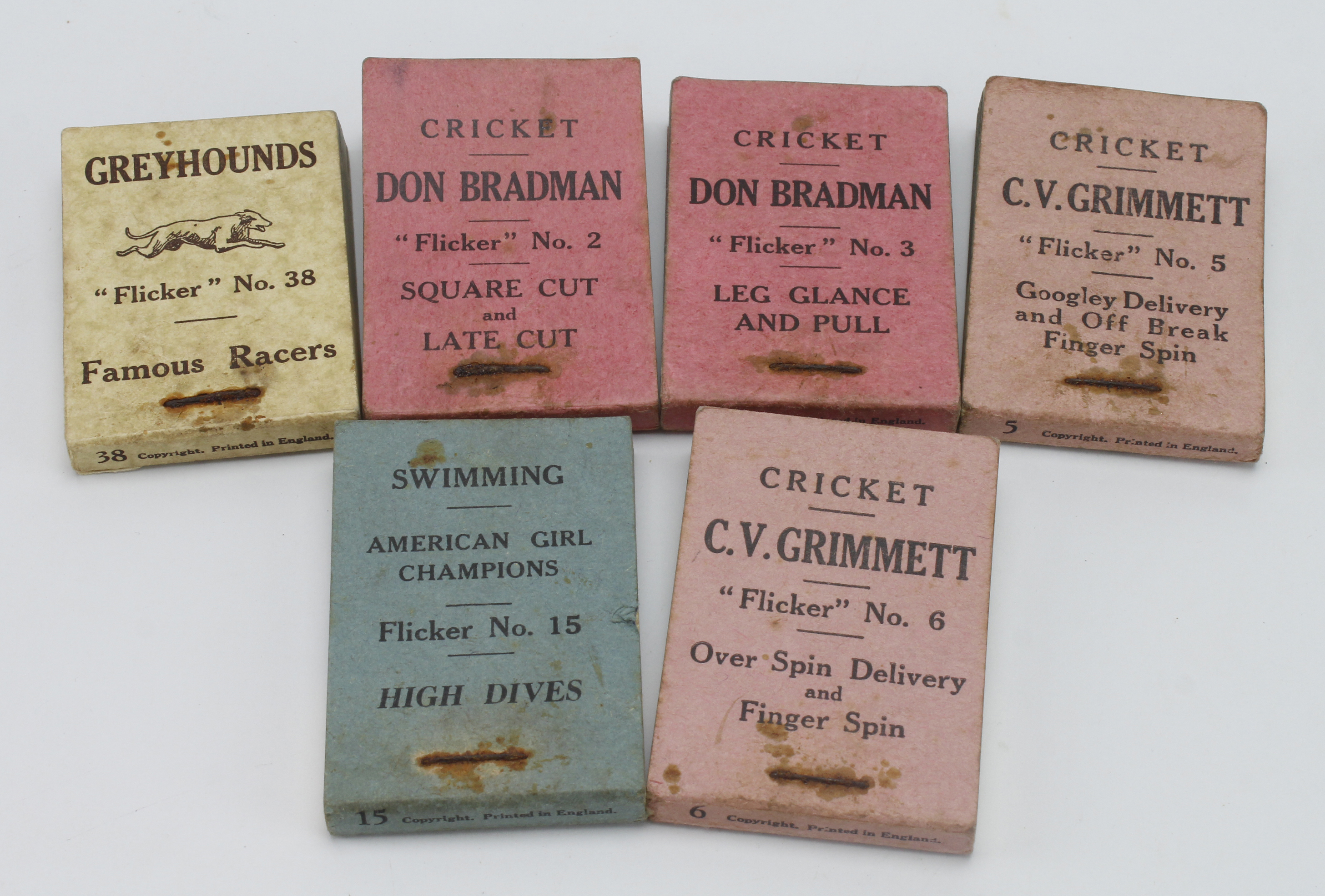 Flicker Books. A group of six flicker books, topics comprise Cricket, Swimming & Greyounds (nos.