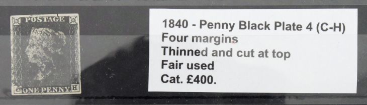 GB - 1840 Penny Black Plate 4 (C-H) four margins, thinned at cut at top, fair used, cat £400