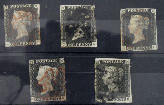 GB - QV 1840 Penny Blacks x5 with red / black MX pmks, sound but mixed grade examples