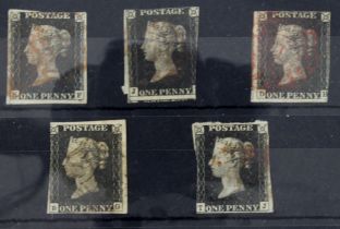 GB - QV 1840 Penny Blacks x5 with red / black MX pmks, sound but mixed grade examples