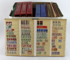 Box of common World stamps in several albums and many folders, all World except for s/b of Latvia