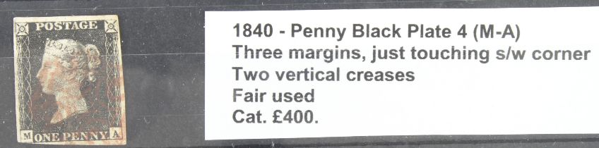 GB - 1840 Penny Black Plate 4 (M-A) three margins, just touching s/w corner, two vertical creases,