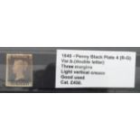 GB - 1840 Penny Black Plate 4 (R-G) Var.b.(double letter) three margins, light vertical crease, good