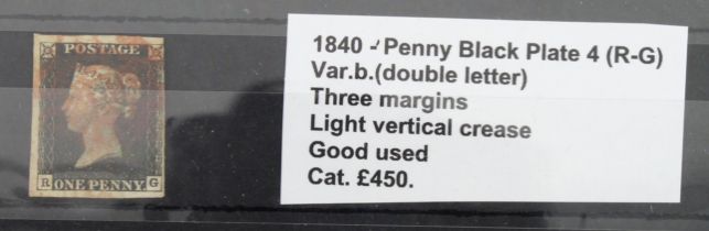 GB - 1840 Penny Black Plate 4 (R-G) Var.b.(double letter) three margins, light vertical crease, good