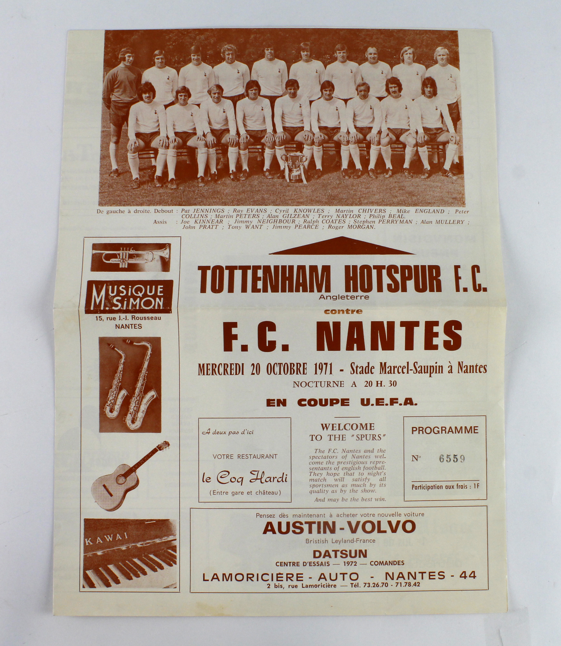 Football programme - FC Nantes v Tottenham UEFA Cup 2nd Rnd 1st Leg 20th Oct 1971 (A)