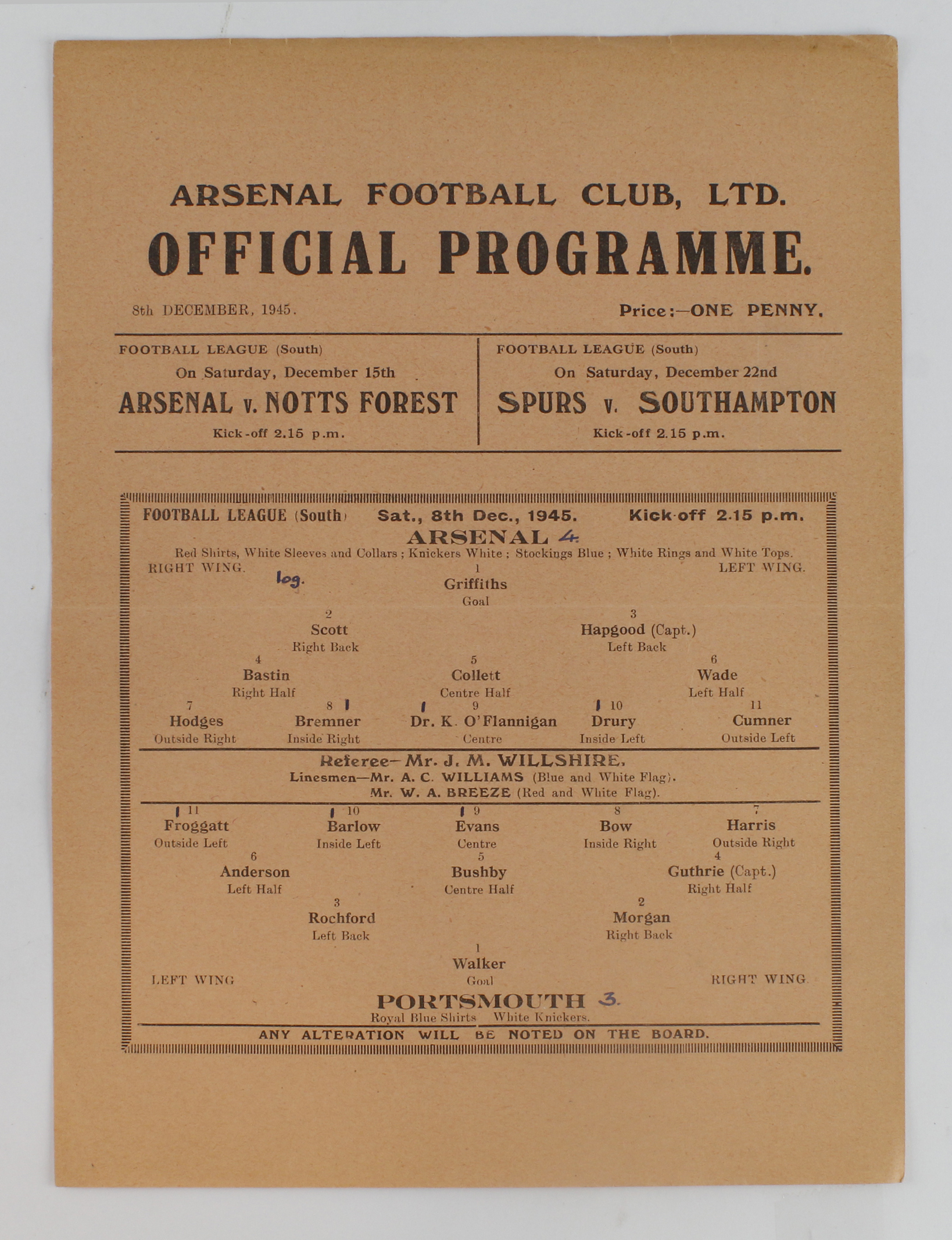 Football programme Arsenal v Portsmouth 8th Dec 1945 F/L South single sheet