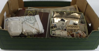 Crate containing quantity of cards photo corner mounted in parts sets on boards + tin of loose