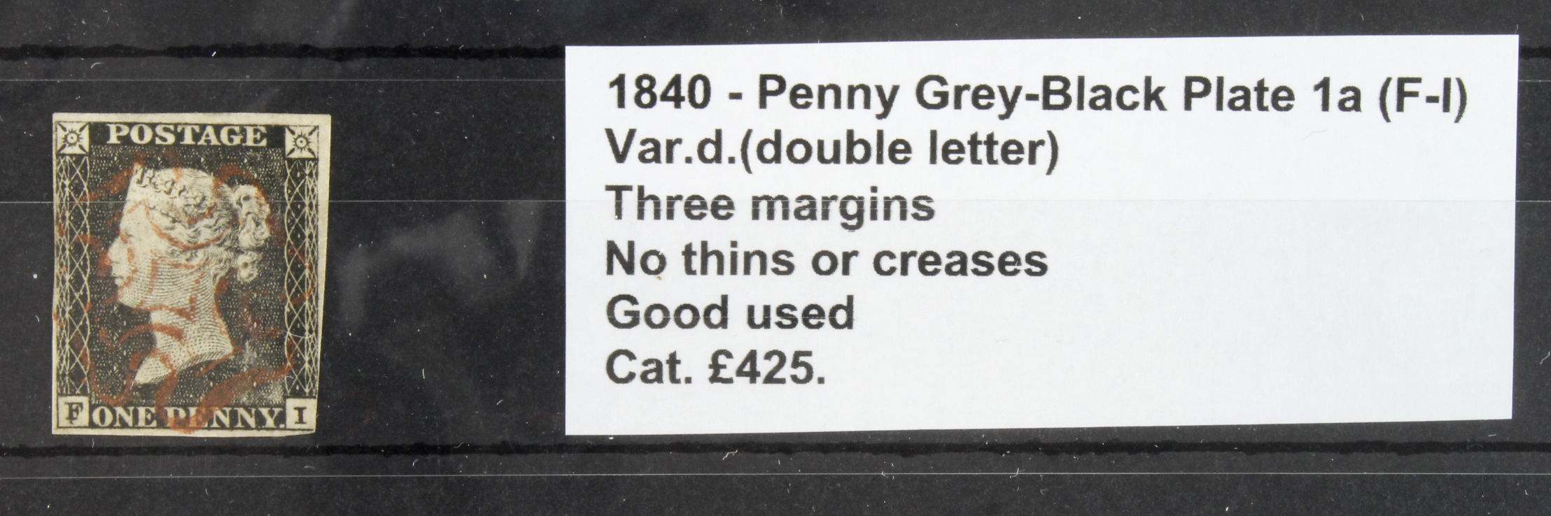 GB - 1840 Penny Grey-Black Plate 1a (F-I) Var.d. (double letter) three margins, no thins or creases,