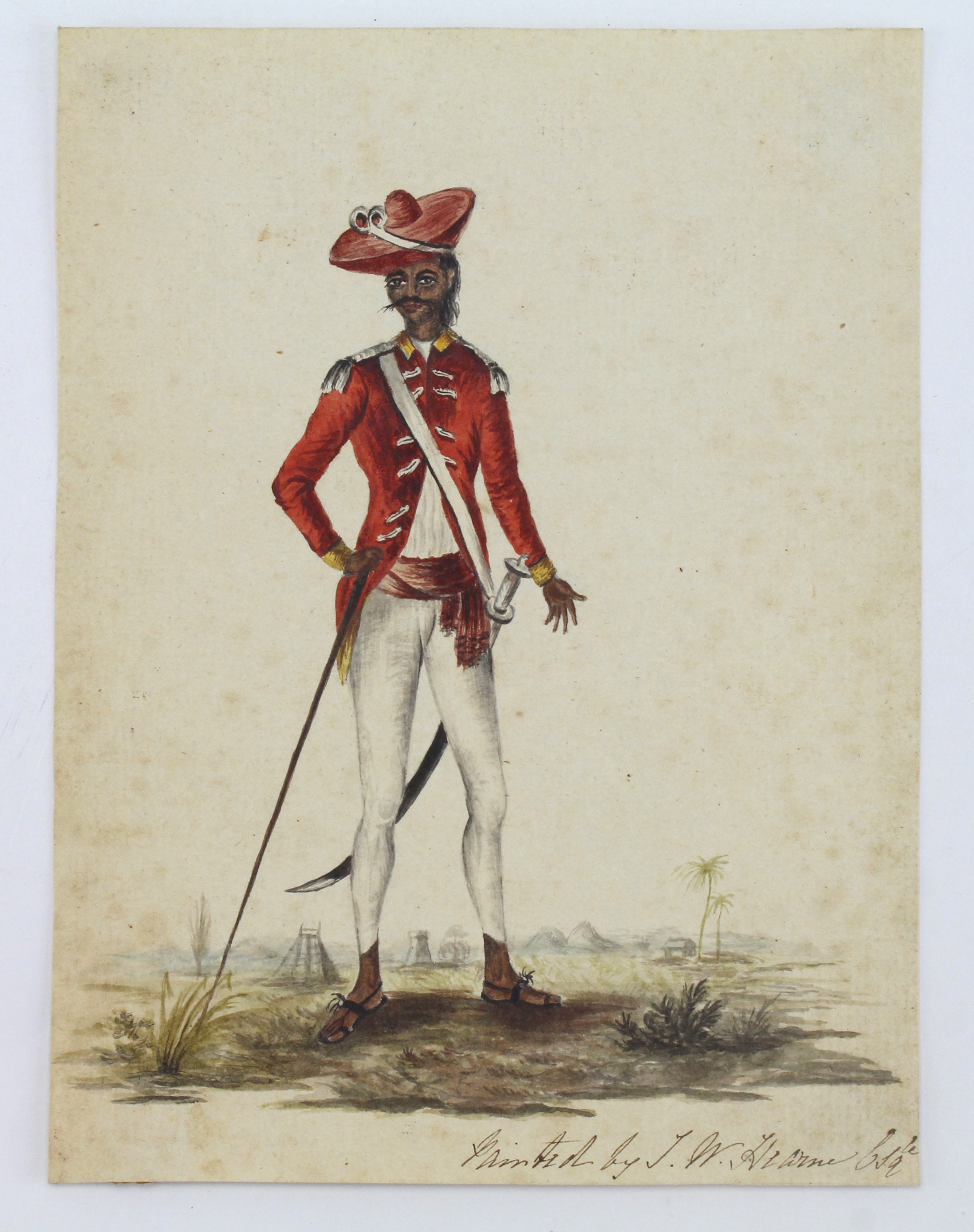 Military interest. Exquisite hand drawn pencil & watercolour illustration, circa 1785, depicting a