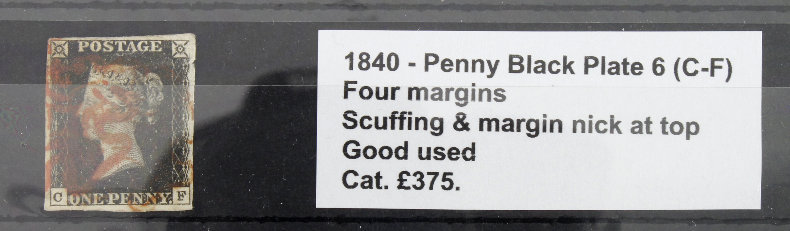 GB - 1840 Penny Black Plate 6 (C-F) four margins, scuffing & margin nick at top, good used, cat £