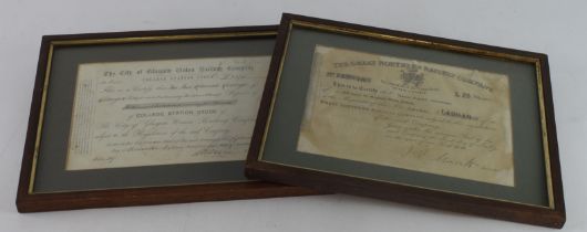 Share Certificates - The City of Glasgow Union Railway Company College Station Stock 1869 for £2275,