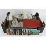 Crate containing quantity of modern postcards, matchboxes, etc