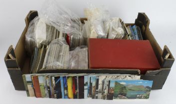 Crate containing quantity of modern postcards, matchboxes, etc