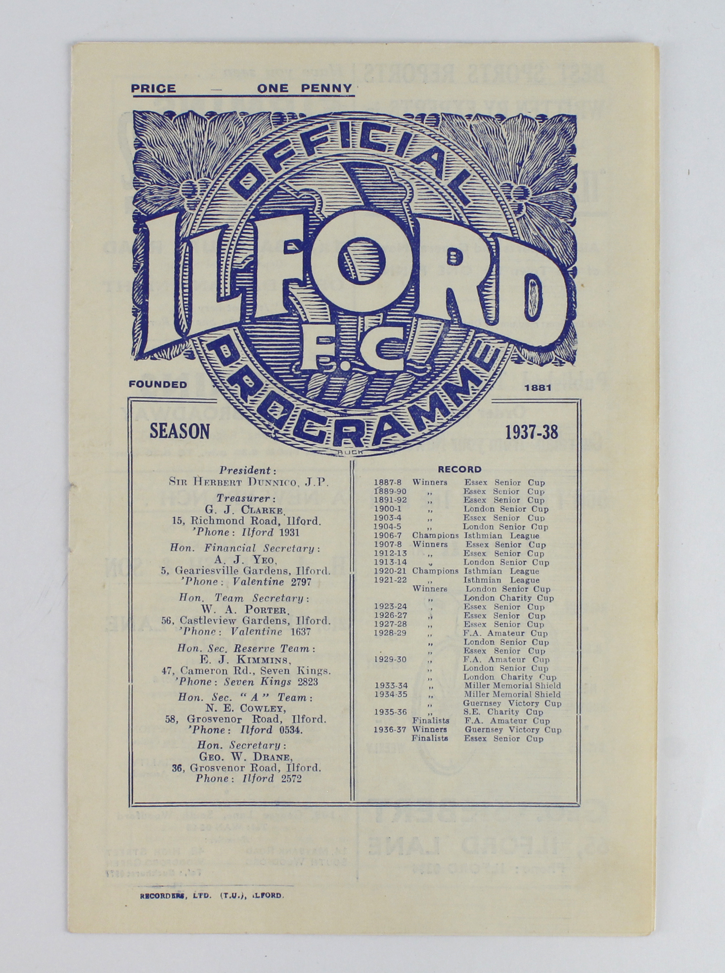 Football programme - Ilford v Barnet 29th Jan 1938 London Senior Cup Rnd 3