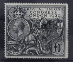 GB - KGV 1929 £1 PUC black SG438 used with part inky cancel, short perf to bottom right, cat £600