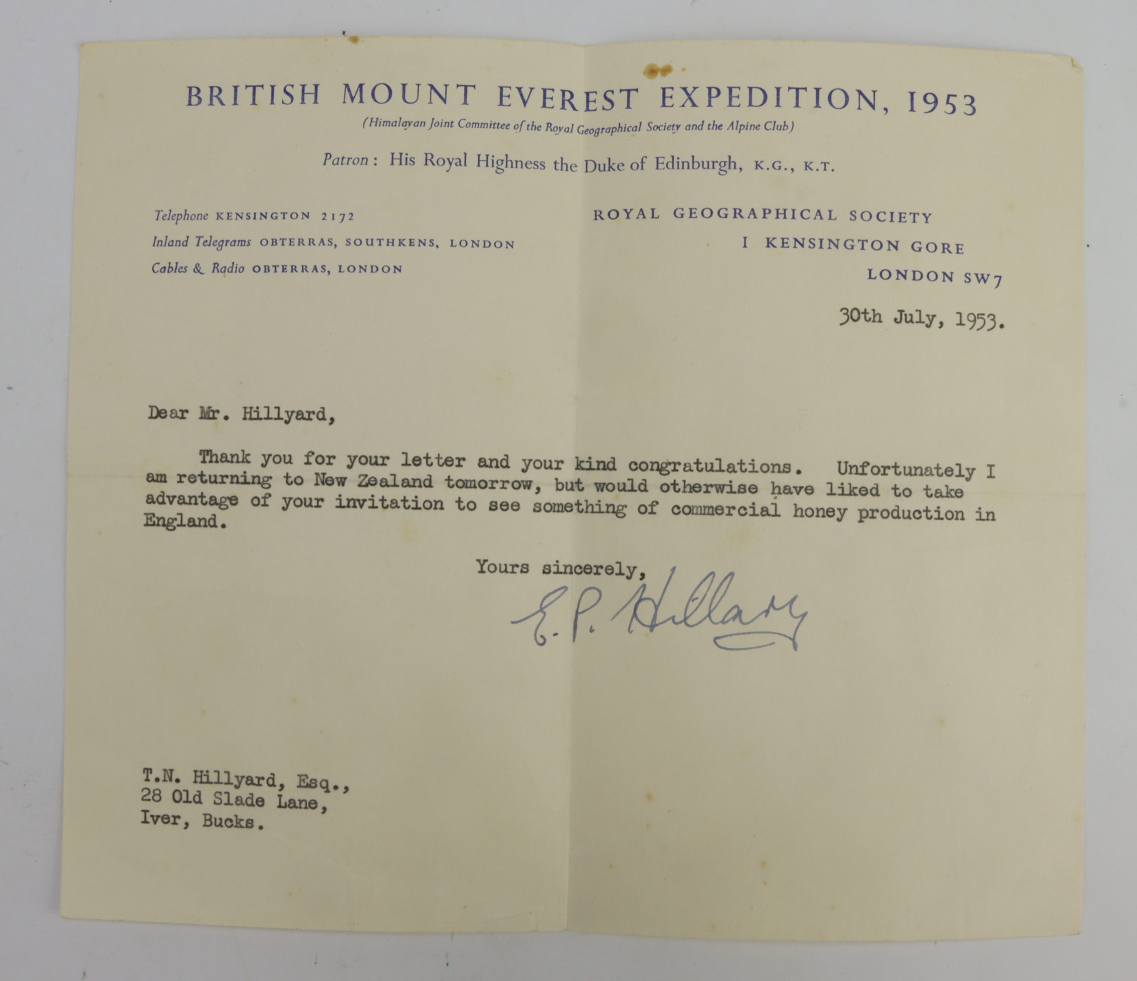 Hillary (Edmund Percival, 1919-2008). An original typed letter on 'British Mount Everest Expedition,