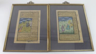 Two Illuminated manuscript leaves, image size 15cm x 24cm approx., mounted, framed & glazed