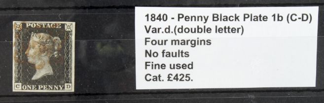 GB - 1840 Penny Black Plate 1b (C-D) Var.d. (double letter) four margins, no faults, fine used,
