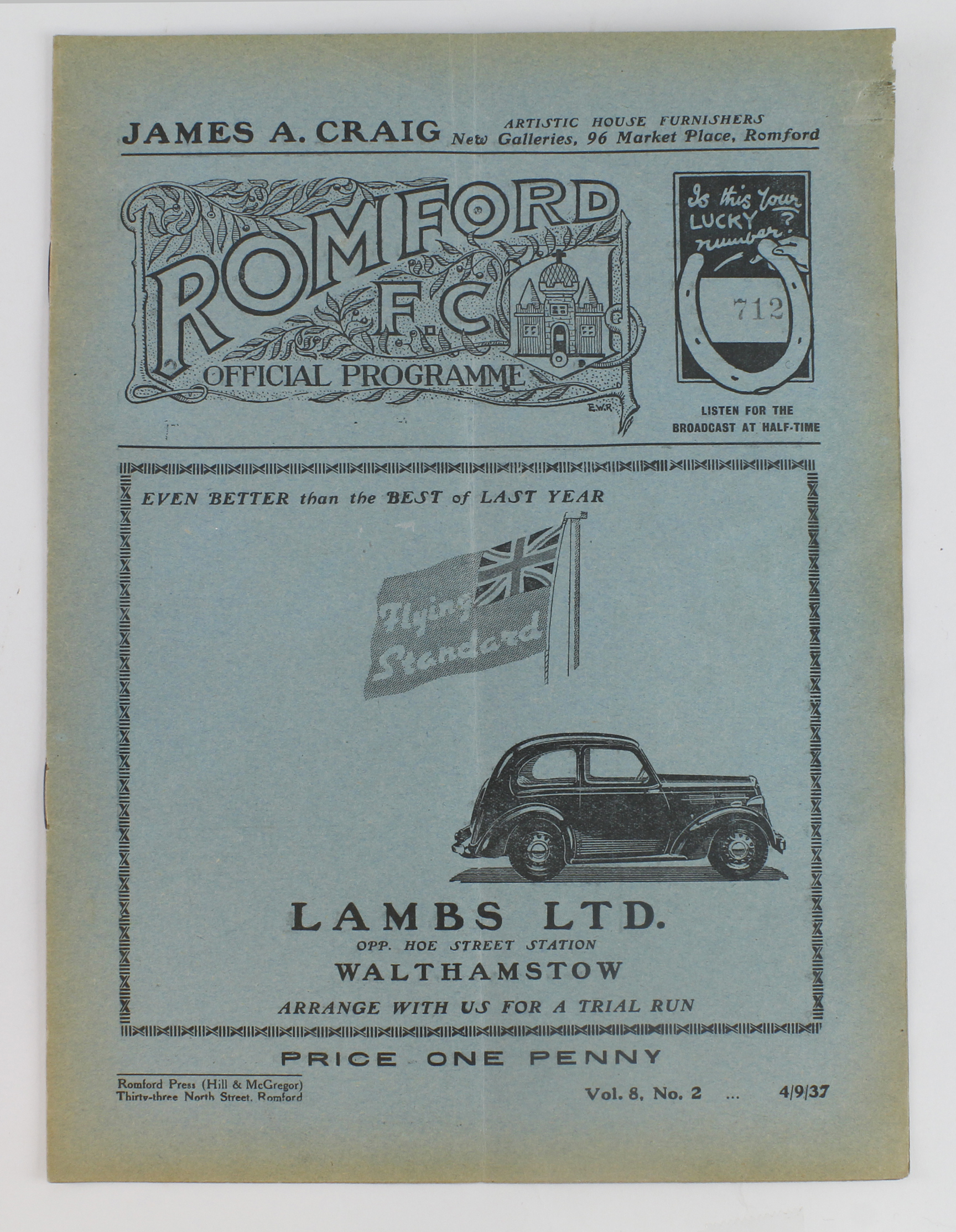 Football programme - Romford FC v Fulham 4th Sept 1937 Friendly