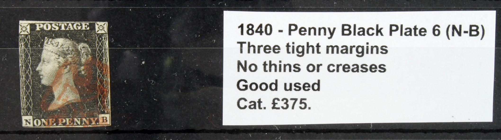 GB - 1840 Penny Black Plate 6 (N-B) three tight margins, no thins or creases, good used, cat £375