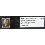 GB - 1840 Penny Black Plate 6 (N-B) three tight margins, no thins or creases, good used, cat £375