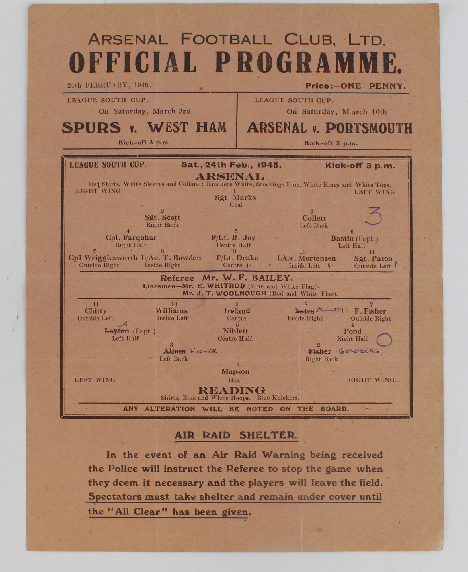 Football programme Arsenal v Reading 24th Feb 1945 League South Cup single sheet