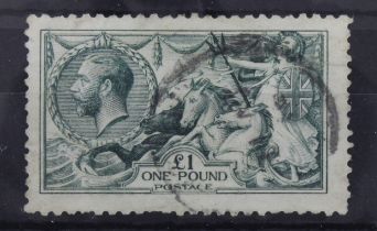 GB - KGV 1913 £1 green used with cds, SG403, cat £1400, short perfs to base