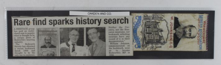 Oakden & Co, Bedworth, W.C.J. Johnson bookmark, with newspaper cutting about it's rarity   (1)