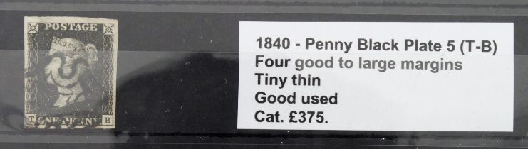 GB - 1840 Penny Black Plate 5 (T-B) four good to large margins, tiny thin, good used, cat £375