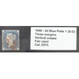 GB - 1840 2d Blue Plate 1 (B-D) three margins, vertical crease, fair used, cat £975
