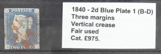 GB - 1840 2d Blue Plate 1 (B-D) three margins, vertical crease, fair used, cat £975