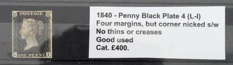 GB - 1840 Penny Black Plate 4 (L-I) four margins, but corner nicked s/w, no thins or creases, good