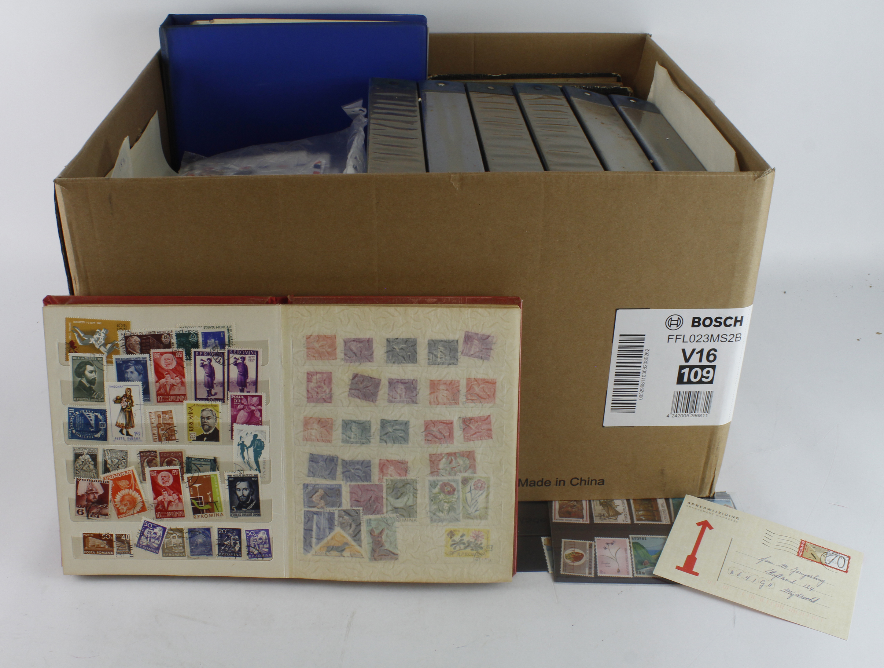 Large and heavy box of 'all World' used stamps in approx 14 albums plus stamps in packets, one old