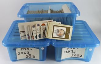 GB FDC's (approx 860) housed in blue plastic tubs 1966 to 2015. Various town cancels in two
