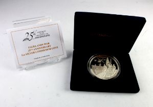 British Commemorative Medal, hallmarked silver proof d.65mm, 5oz sterling: Falklands War 25th