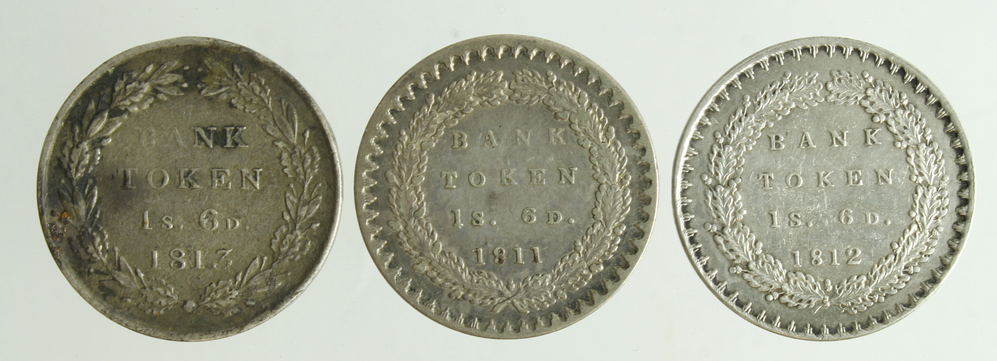 Eighteenpence silver bank tokens (3): 1811 nVF, 1812 small head aEF light scratches, and 1813 Fine. - Image 2 of 2