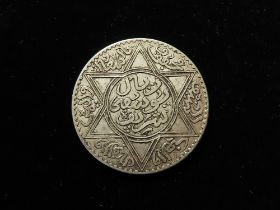 Morocco crown-size silver 10 Dirhams AH1331Pa GVF