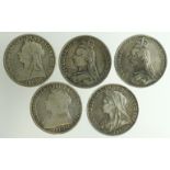 GB Crowns (5): 1889 VG, 1890 Fine, 1893 LVII Fair/VG, 1898 LXII VG, and 1900 LXIV nVF